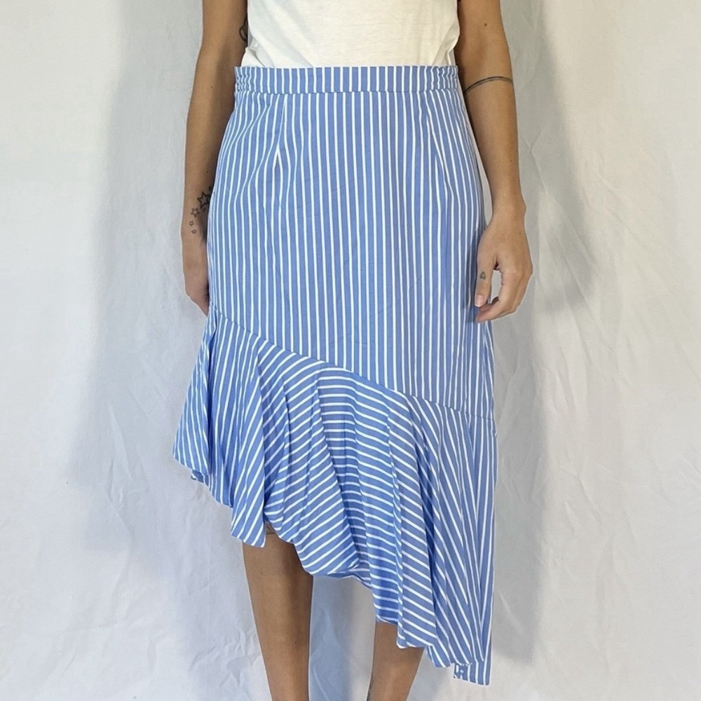 Gianni Bini Asymmetrical Midi Skirt Ruffle Hem Blue Striped Coastal Womens M